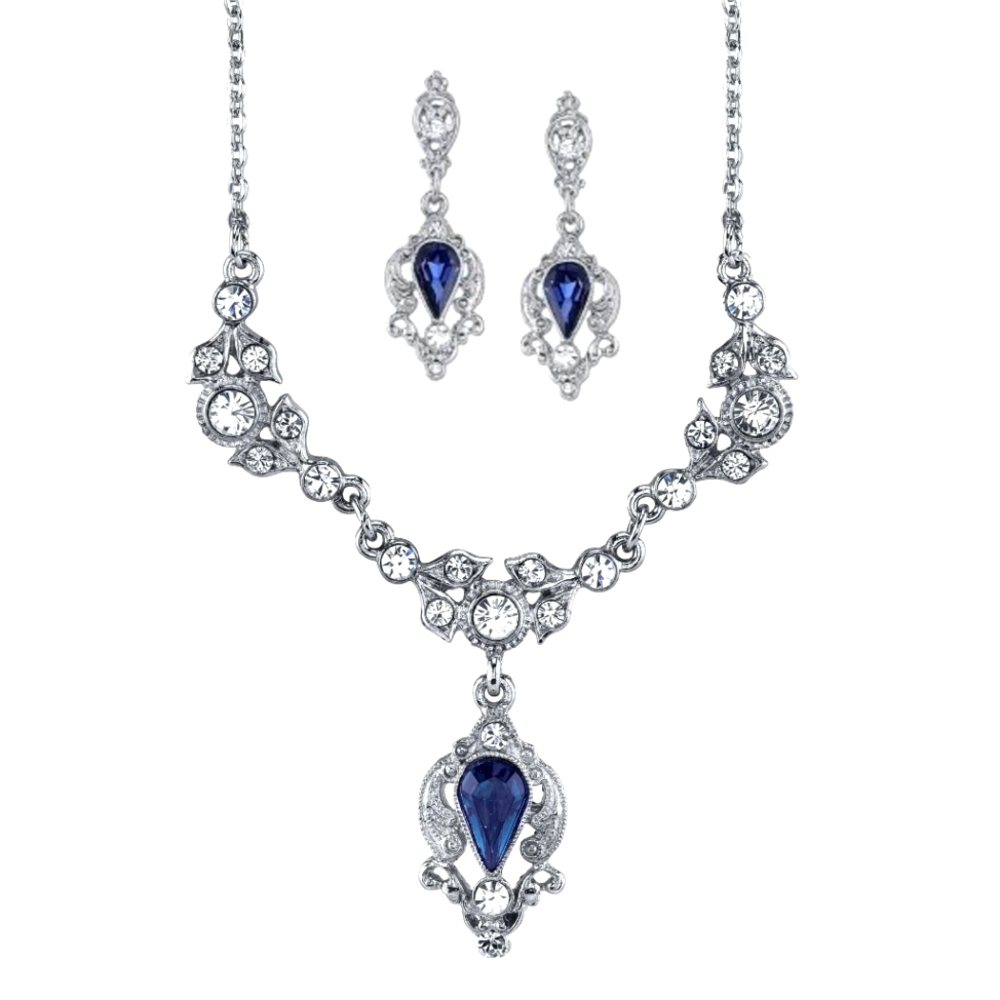 Elegant Silver and Sapphire Necklace and Earring Set